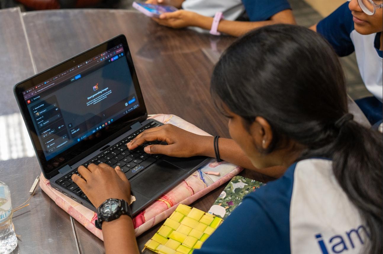 Student using AI image generation tool during AI course training