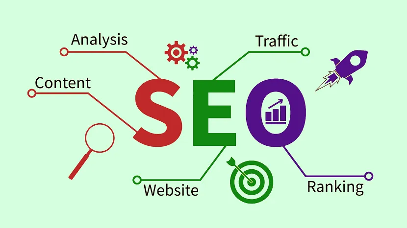 SEO training concept showing website optimization and organic traffic growth for digital marketing students